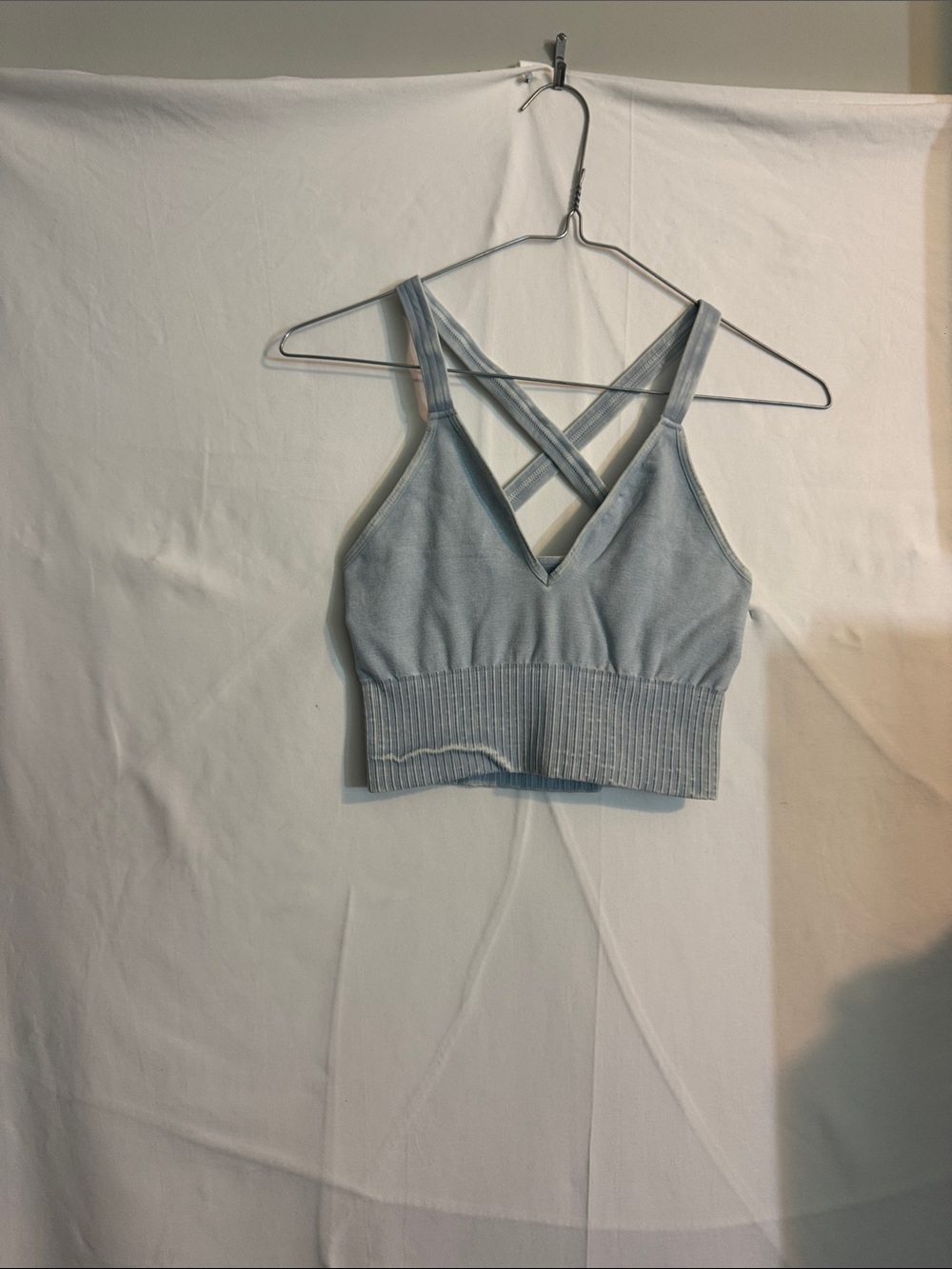 FP Movement by Free People Light Blue Ribbed V-Neck Crossback Bralette